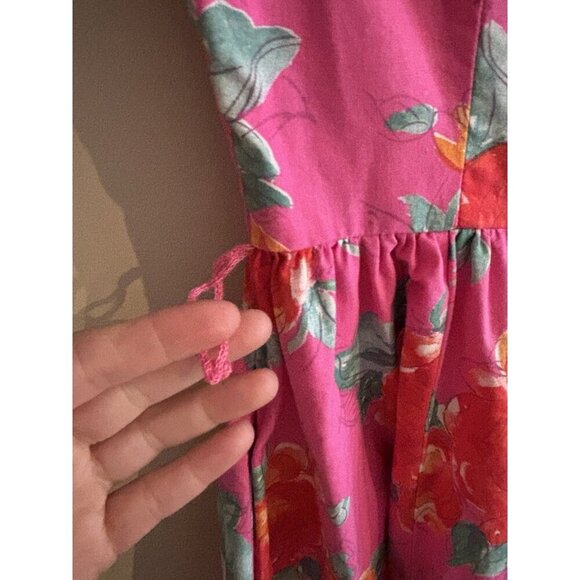 Laura Ashley Dress 1980s Pink Floral Orange Pink Cotton Pleated Bow Dress Sz 6 - Picture 3 of 16